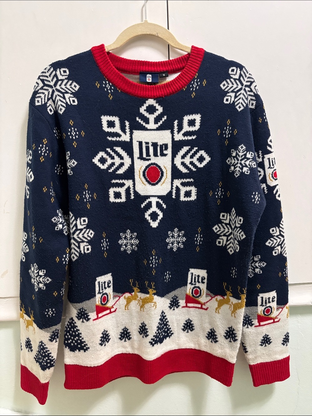 Miller Lite Beer Navy Holiday Sweater with Red Trim
